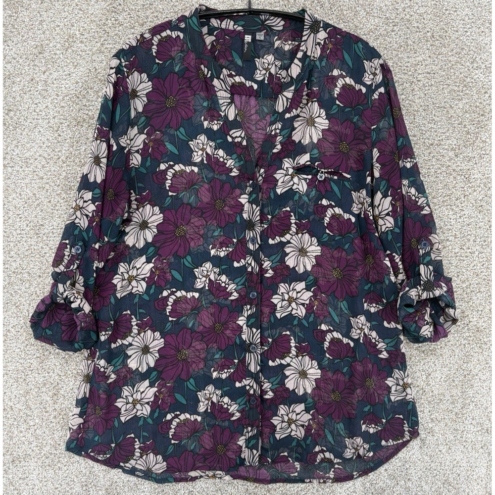 Kut From The Kloth Sheer Top Womens XL Purple Floral Button Roll Tab Office Boho